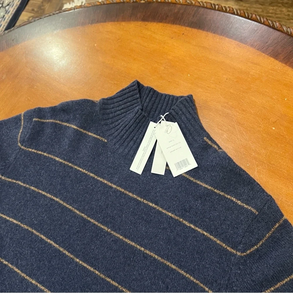 NEW $295 Vince Men’s‎ Wool Blend Striped Turtleneck Sweater Coastal Blue/Tan XL
